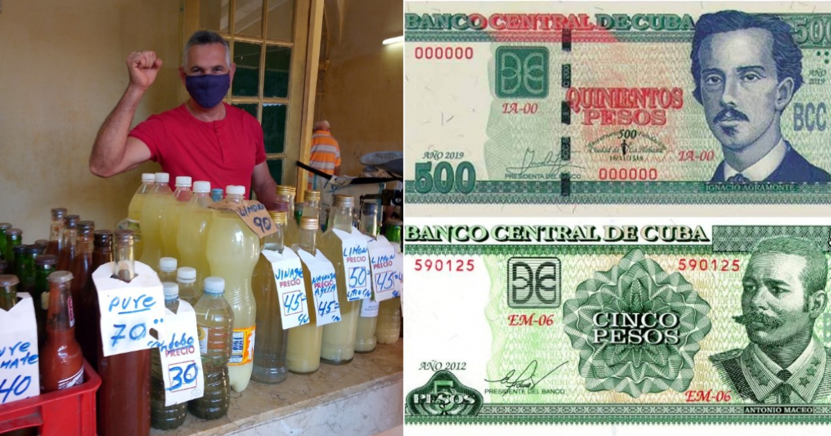 "Luisito" en su puesto de venta en mercado de Sancti Spíritus (i) y Billete de 500 y de 5 pesos (d) © Facebook/Marco Antonio Calderón - Banco Central de Cuba