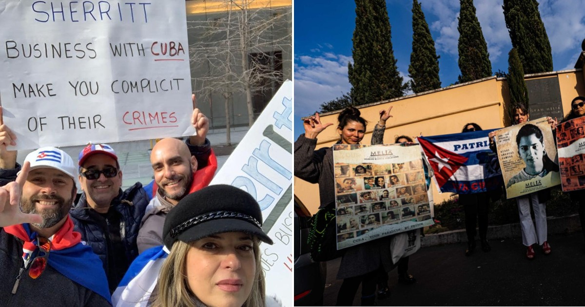Activistas cubanos se manifiestan frente a oficinas de Sherrit en Canadá y del hotel Meliá en Roma © Twitter / Albert Fonse - Facebook / Enrique del Risco