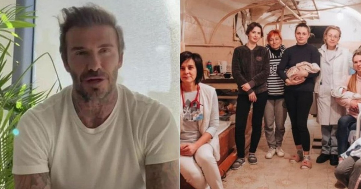 David Beckham (i) y Doctora ucraniana junto a mujeres recién paridas en el sótano de un hospital (d) © Collage Captura de Instagram/David Beckham