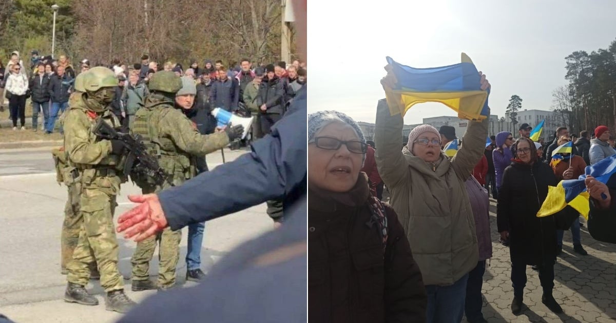Residentes en la ciudad salieron a protestar contra los ocupantes rusos © Collage Twititer/Бєня Муссоліні