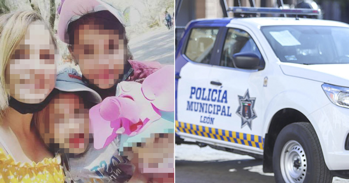 Idalmis Díaz con su hijos (i) y Vehículo de la Policía de León, en Guanajuato © Collage Facebook - Facebook/Policía de León