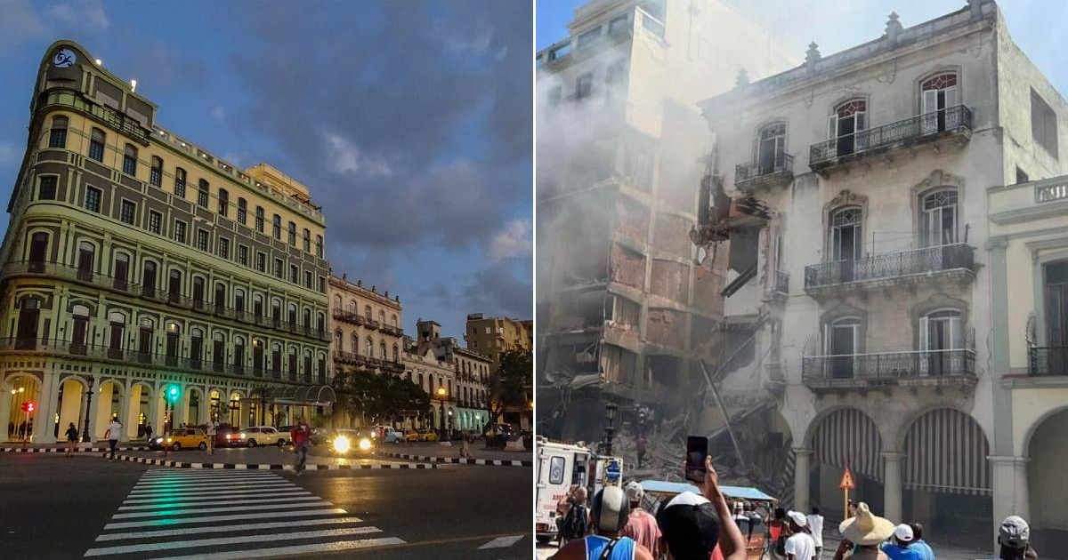 Hotel Saratoga y edificios vecinos antes y después de la explosión © Flickr / Twitter