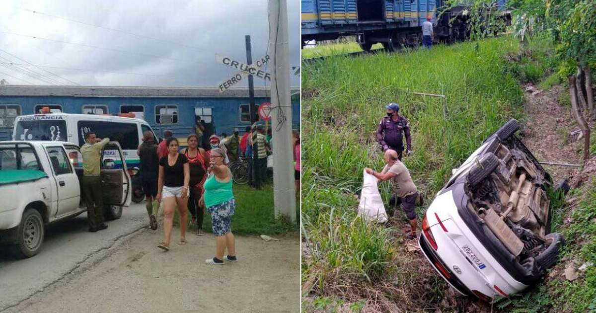 El auto de turismo terminó volcado tras el choque con el tren © Olaida Pupo Venero / Facebook y Raúl López / Facebook 