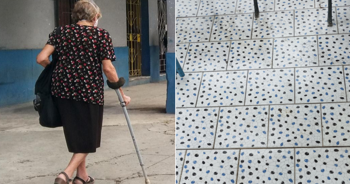 Anciana cubana y piso de establecimiento de ETECSA sin antideslizante © CiberCuba- Facebook/ Rubén Padrón Garriga