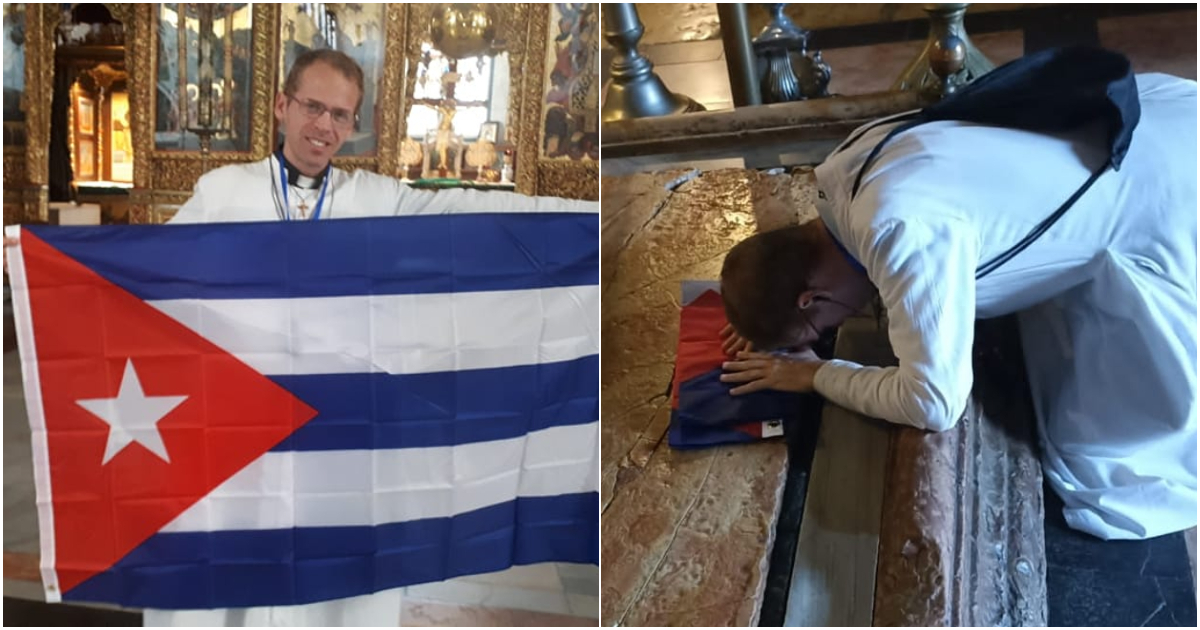 Padre Kenny Fernández lleva la bandera cubana a Tierra Santa. © 