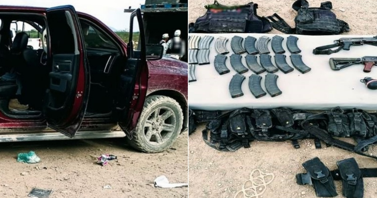 Uno de los vehículos en que viajaban los migrantes (i) El armamento que fue hallado por las autoridades (d) © Collage Guardia Nacional de México