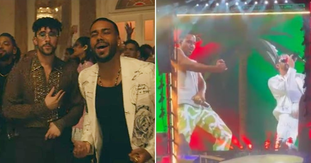 Romeo Santos y Bad Bunny en el videoclip de "Volví" y en el escenario © Youtube e Instagram / Romeo Santos