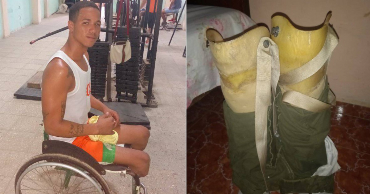 El joven en cubano necesitado de ayuda (i) y Las prótesis que usa (d) © Facebook/Yasmany García