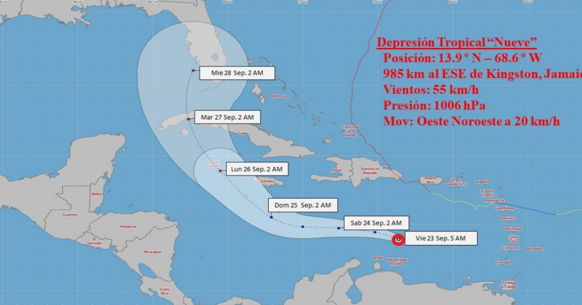 Mapa que indica posible evolución de la depresión tropical nueve en los próximos días © Facebook/INSMET Centro de Pronósticos