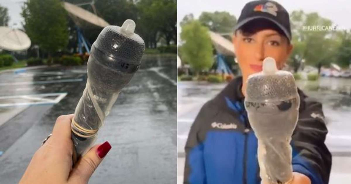 Reportera con un condón el micrófono para su cobertura del huracán © NBC2