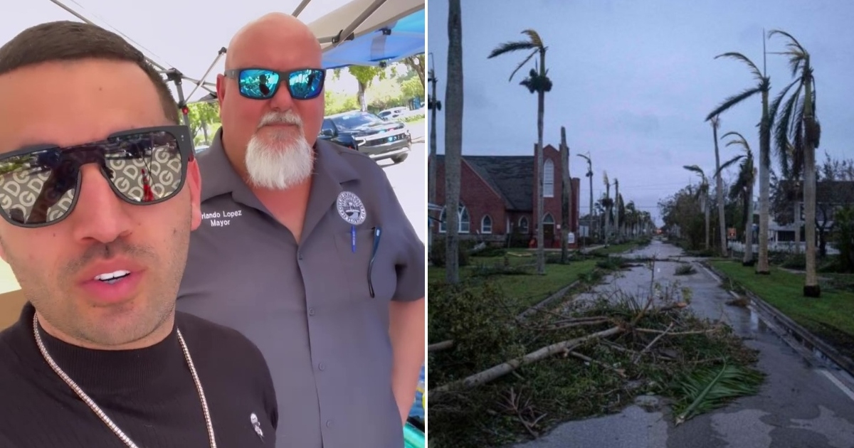 Lenier Mesa y el alcalde de Sweetwater, Orlando López,e imagen de devastación en Florida © Instagram / Lenier Mesa y Twitter / Kamy2905