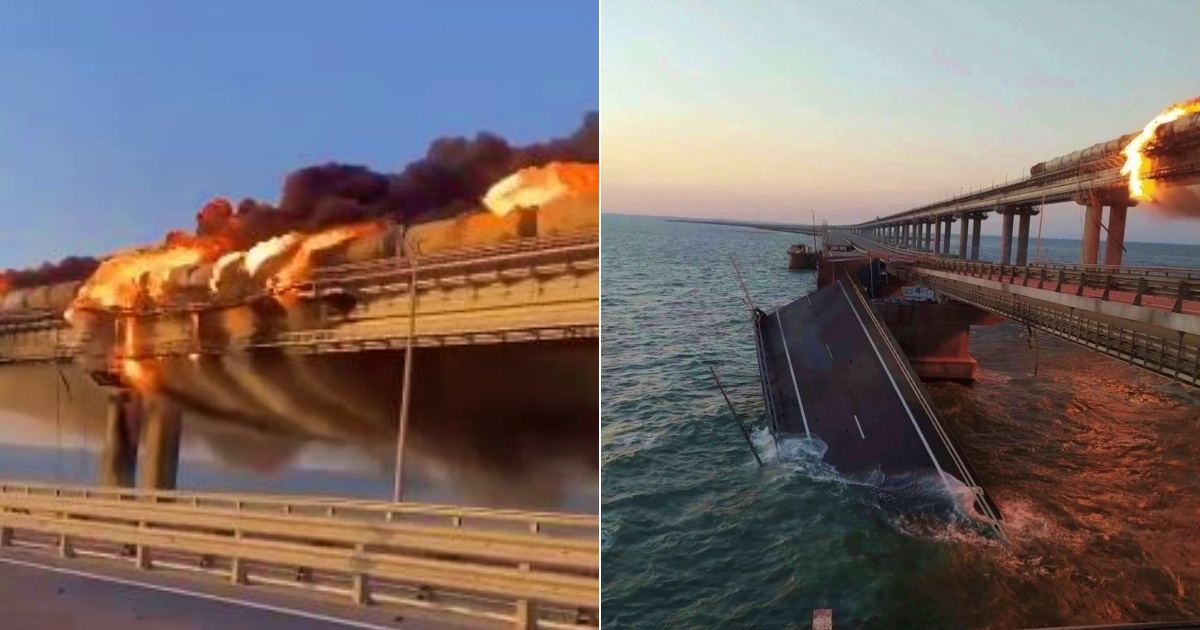 Momento en que explotó parte del puente de Crimea © Collage Captura de Twitter/María Sahuquillo