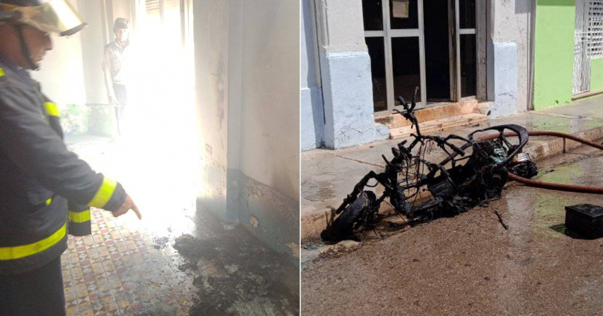 Bombero y restos de la moto quemada © Radio Ariguanabo / Facebook