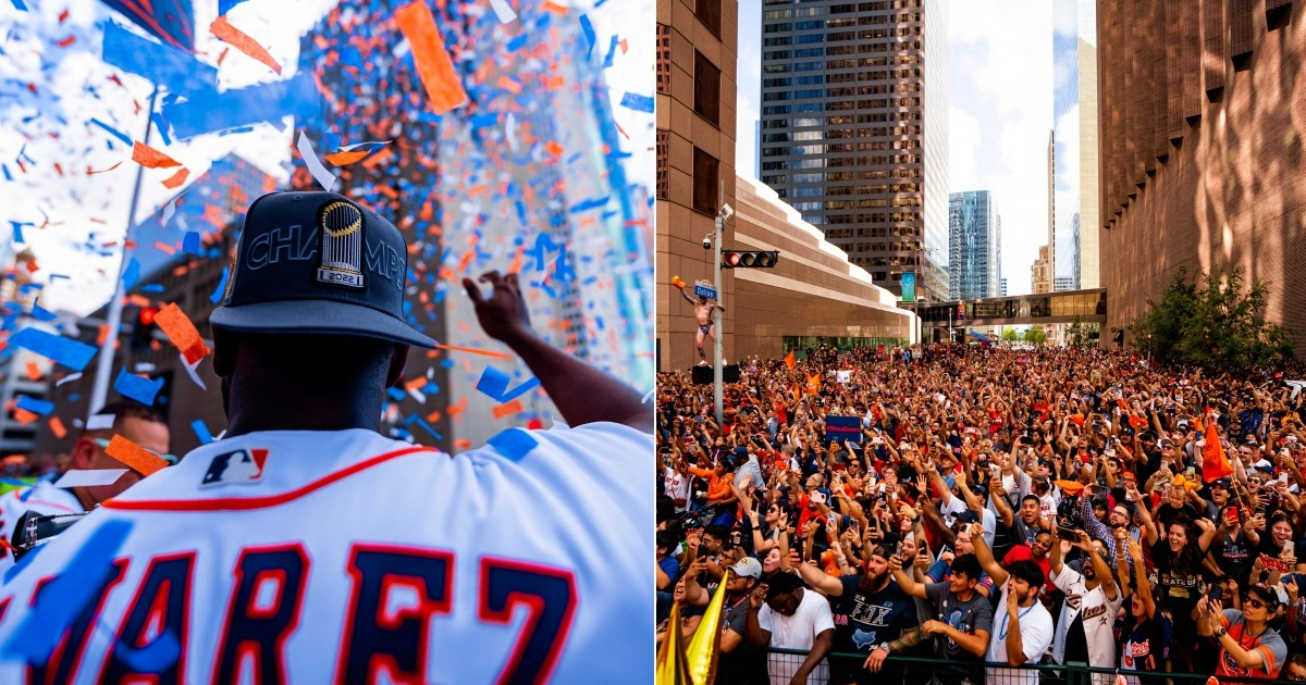 Cubano Yordan Álvarez saluda a los aficionados (i) y Celebración en calles de Houston por la victoria (d) © Collage Twitter/Houston Astros