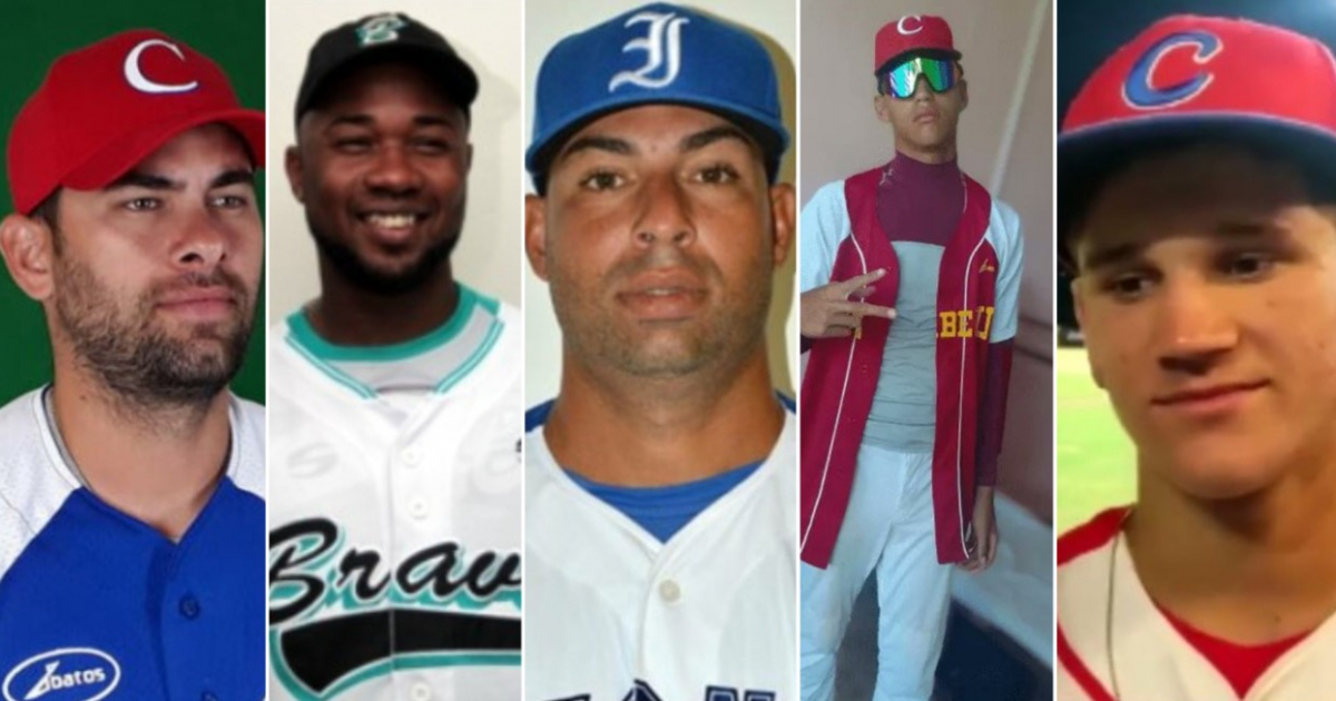 De izquierda a derecha, los peloteros Javier Camero, Edwin Vassell, Héctor Ponce, Erik Matos y Ernest Machado © JIT y Béisbol FR
