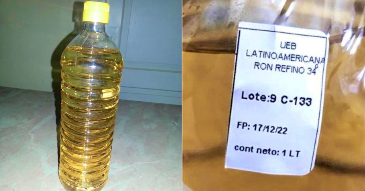 Ron envasado en botella de aceite (i) y Mínima etiqueta que da cuenta del contenido alcohólico del envase (d) © Twitter / Violeta - Cubanet