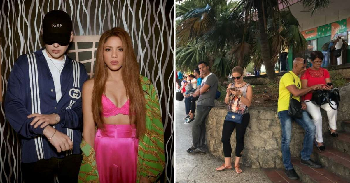 Shakira y Bizarrap y cubanos mirando sus celulares © Instagram / Shakira y CiberCuba