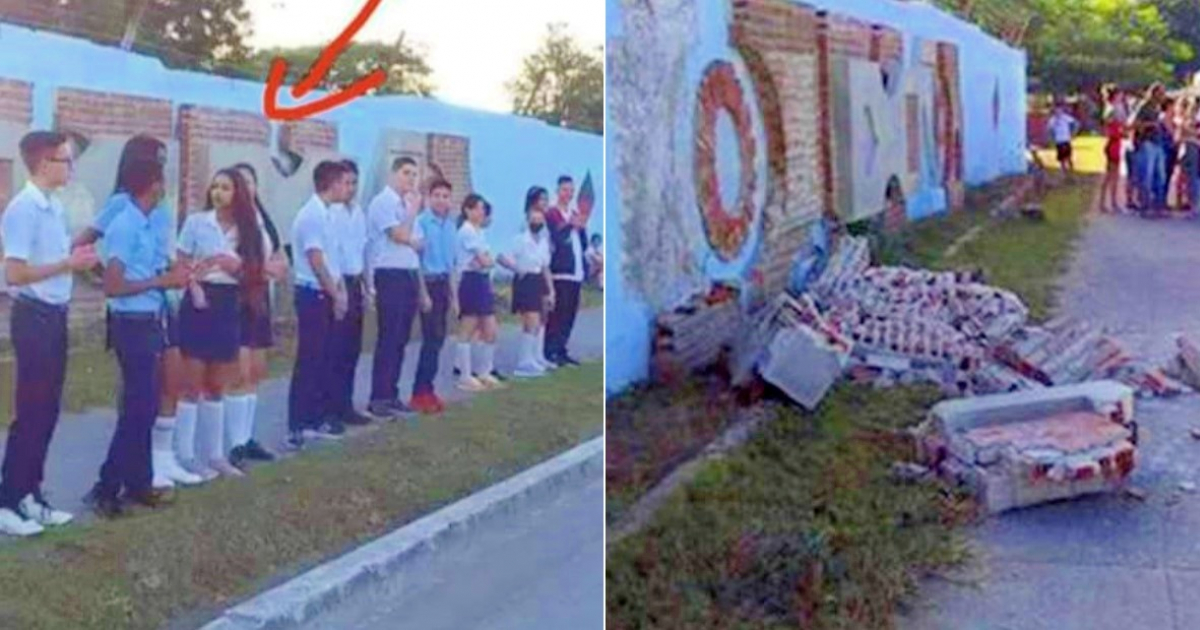 Estudiantes parados junto al mural (i) y Fragmentos de concreto que cayeron sobre los estudiantes (d) © Collage Facebook/ Edmundo Dantés Junior