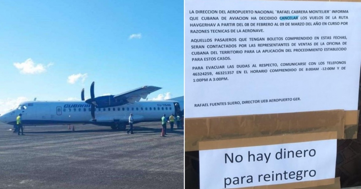 Un avión de Cubana y cartel © Facebook / Cubana de Aviación y Mario J. Pentón