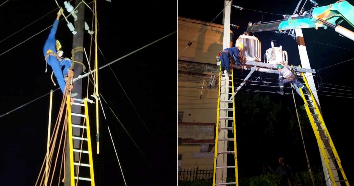 Linieros trabajando de noche en Cuba (Imagen de referencia) © Collage Facebook/Unión Eléctrica UNE