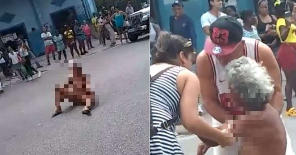 Mujer desnuda en calle de Cuba y dos personas ayudándola © Redes sociales 