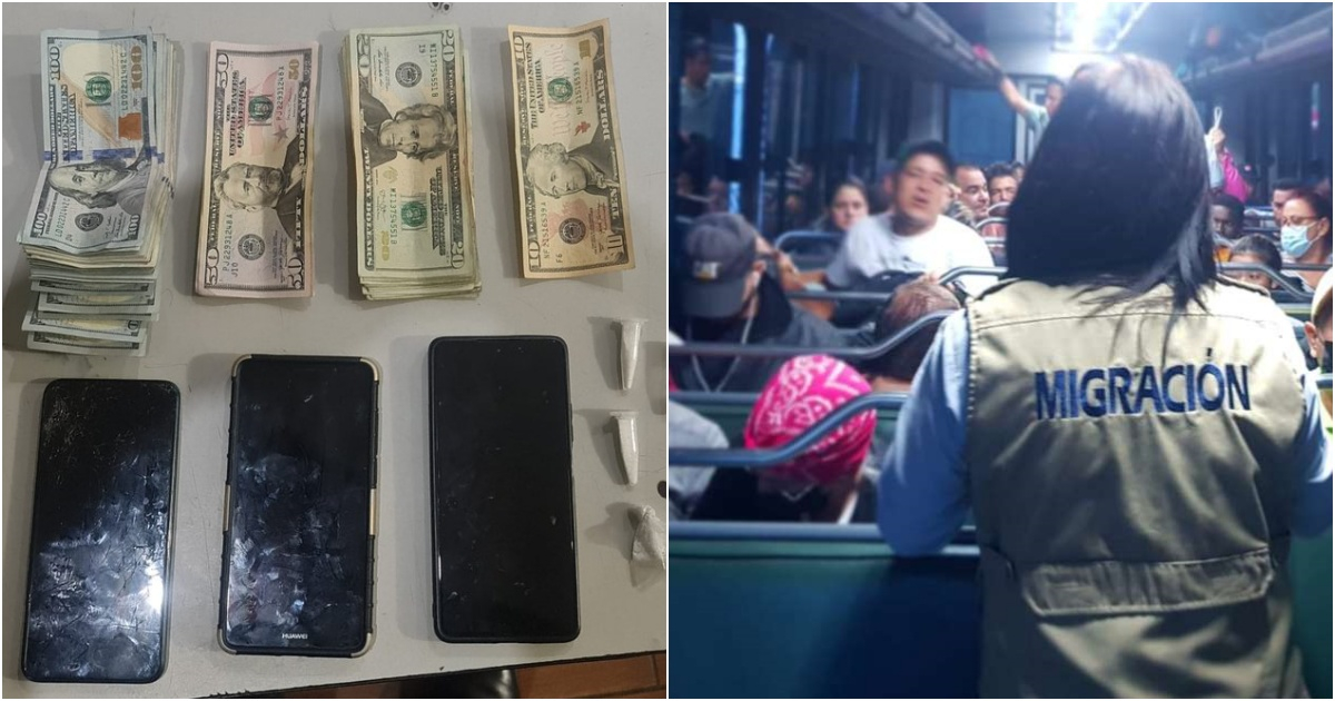 Dinero y móviles incautados / Detención de migrantes (imagen referencia) © Twitter PNC de Guatemala / Migración Guatemala