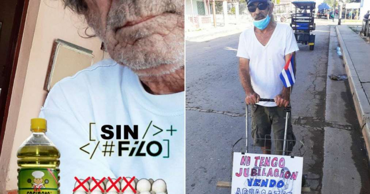 Anciano cubano con aceite y huevos y una carretilla con aguacates © Franco DE Jagüey / Facebook