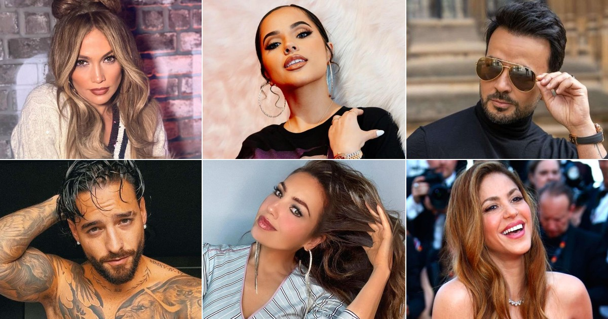 JLo, Becky G, Fonsi, Maluma, Thalía y Shakira © Collage/Instagram de los artistas