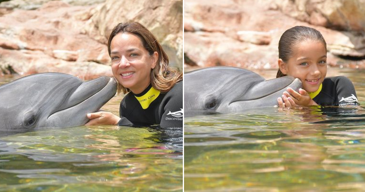 Adamari y su hija Alaïa nadando con delfines © Instagram / Adamari López