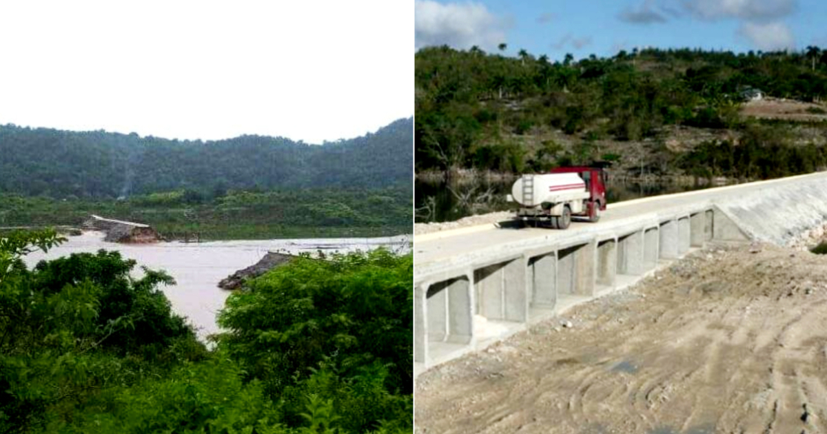 Puente de Arroyo Seco destruido por la crecida del río Mayarí, y momento de su construcción en 2015 © Facebook / Telecristal - Granma / Germán Veloz Placencia