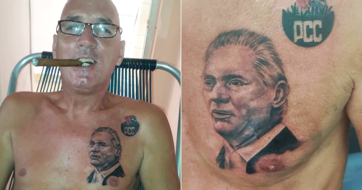 Cubano posa orgulloso con su tatuaje de Díaz-Canel y el logo del PCC © Collage Facebook/Pedro Miyares Vega