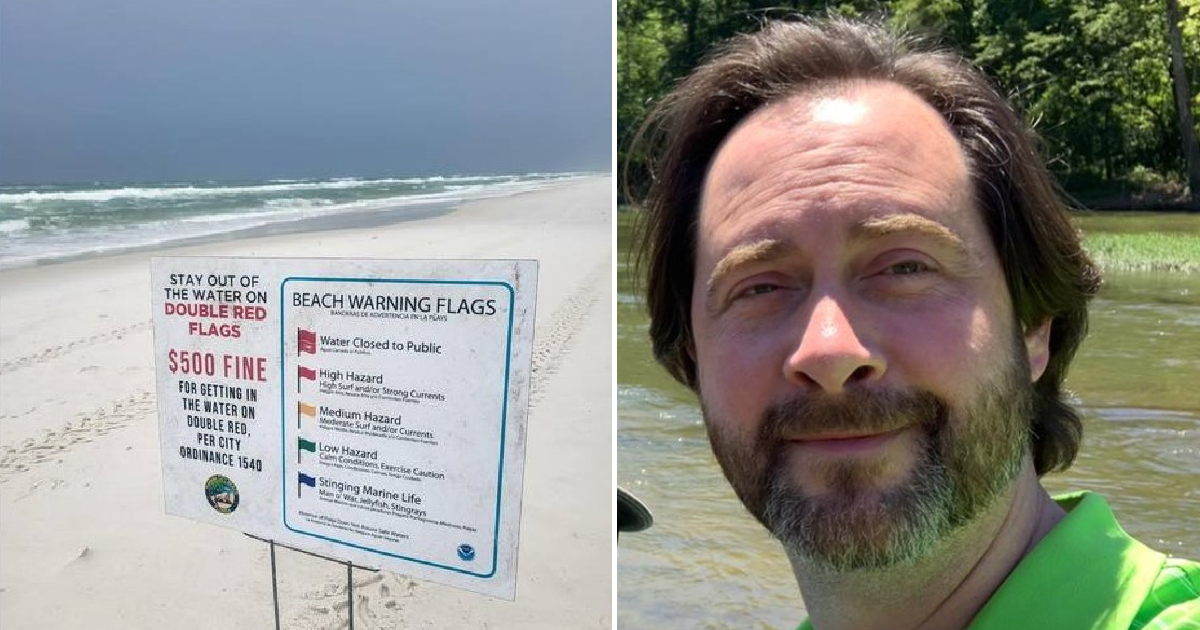 Advertencia de peligro en la playa y Christopher Pierce © Panama City Beach Government - Facebook/Christopher Pierce