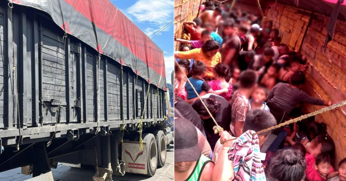 Camión detenido por Migración de México y parte de los migrantes rescatados este domingo © Collage Twitter/@INAMI_mx