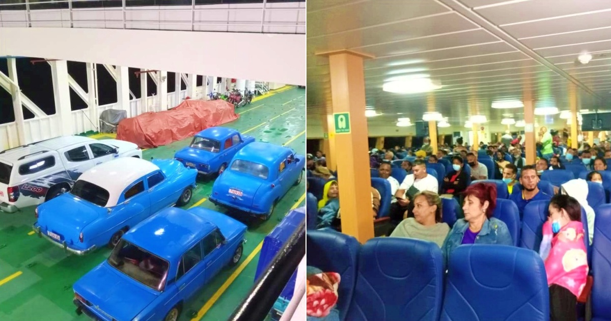 Transporte de autos en el ferry (i) y Pasajeros (d) © Collage Facebook/Islavision ICRT-Linet Gordillo