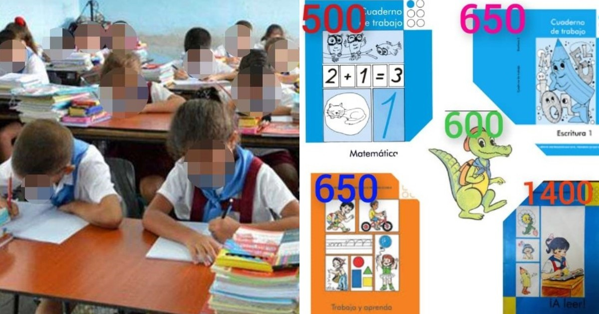 Niños en escuela y cuadernos de trabajo © Prensa Latina y Niurka Toledo Escobar / Facebook