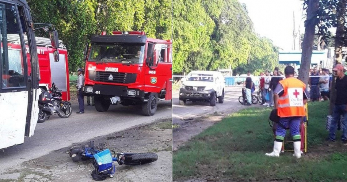Bicicleta de la víctima, policía, camión de bomberos y miembros de la Cruz Roja © Cruz Roja Municipal Cotorro / Facebook