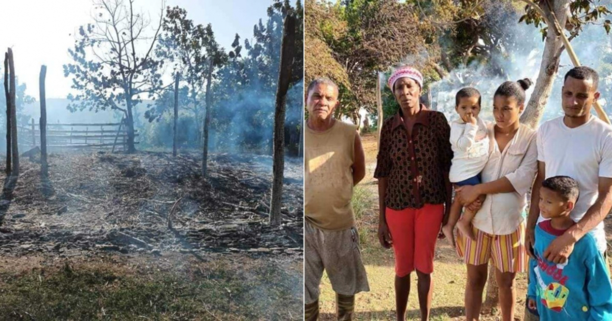 Lugar arrasado por el fuego y familia que lo perdió todo © Miguel Noticias / Facebook