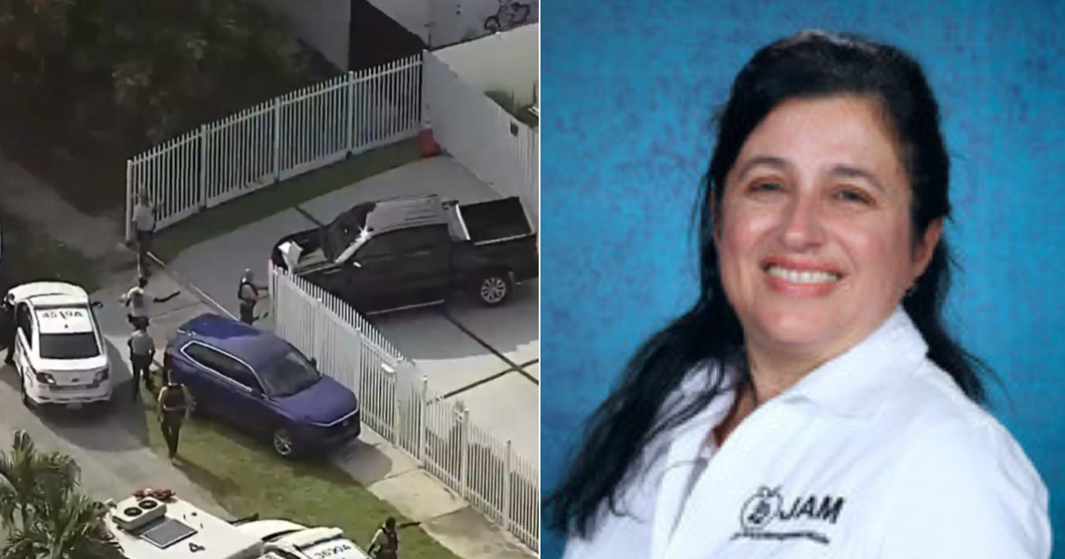 Casa donde ocurrió el tiroteo y profesora María Cruz de la Cruz © Collage captura de video NBC 6 South Florida/Doral Academy