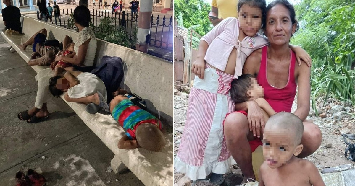Familia con tres niños que duermen en parque de Holguín © Collage de Facebook/Yotuel y Jurgen Kubano Von Bom