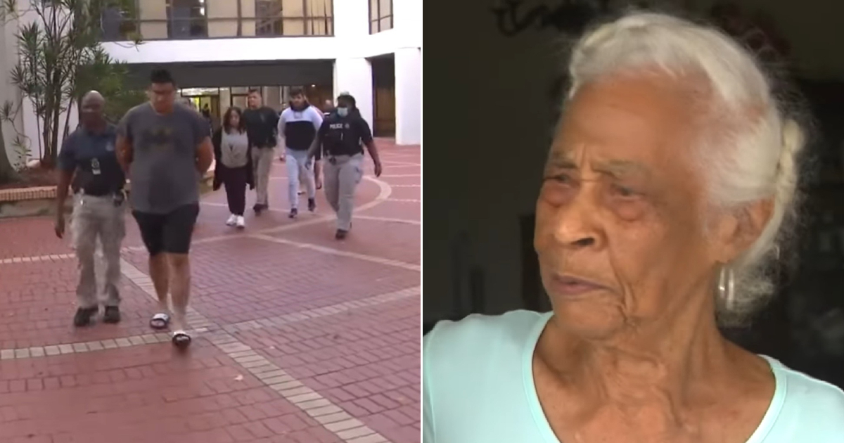 Los acusados son conducidos por las autoridades; a la derecha, la anciana víctima de estafa © Captura de video YouTube/WPLG Local 10
