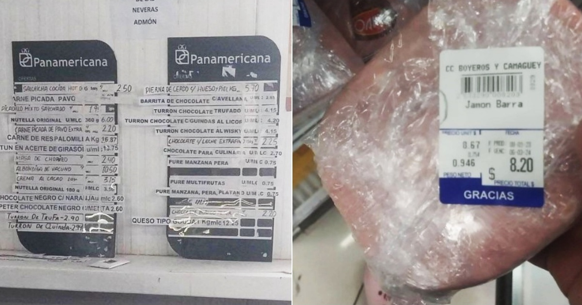 Pizarra en tienda en MLC (i) y Pedazo de jamón que estaba etiquetado como "jamón de barra" © Collage Facebook/Productos en MLC, dónde hay