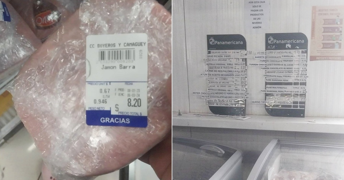 Pedazo de jamón que estaba mal etiquetado (i) y Pizarra en tienda donde ocurrió el incidente (d) © Collage Facebook/Productos en MLC, dónde hay