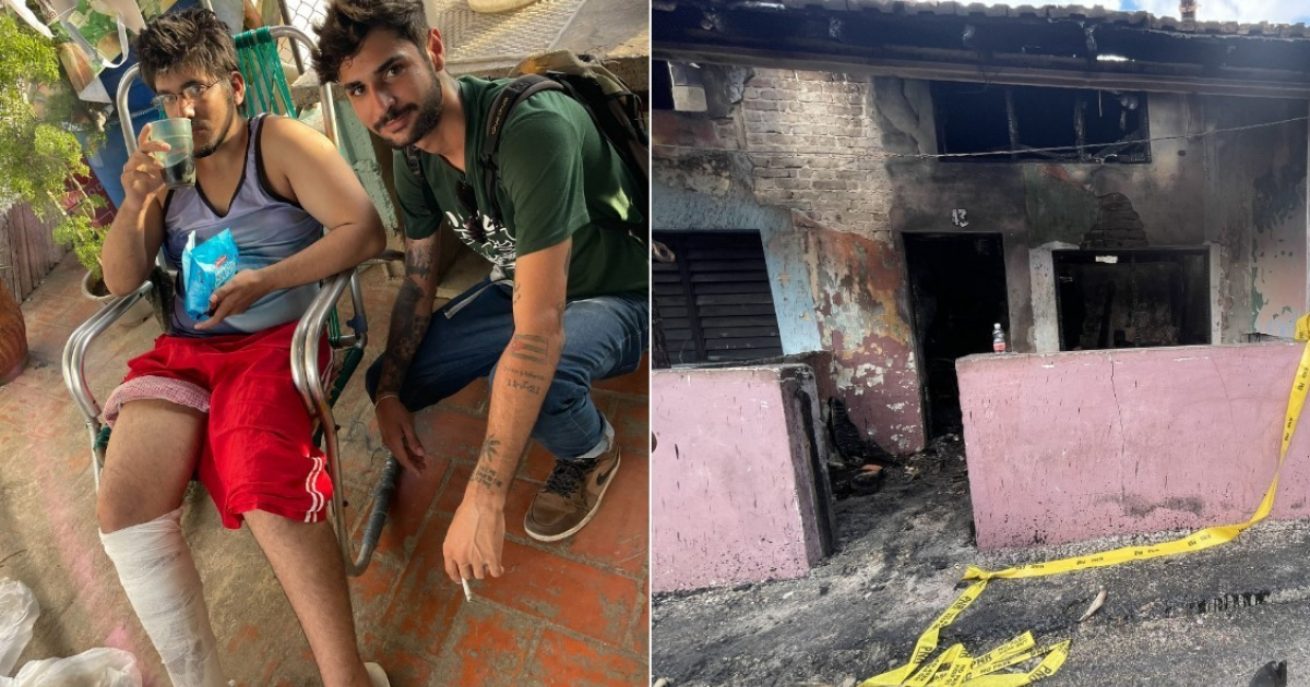 Joven lesionado (izq) y expreso político, y casa incendiada © Armandito Sardiñas / Twitter