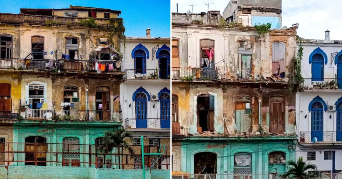 Antes y después del edificio colapsado en Habana Vieja © Facebook / Elon Musk y Lázaro Manuel Alonso
