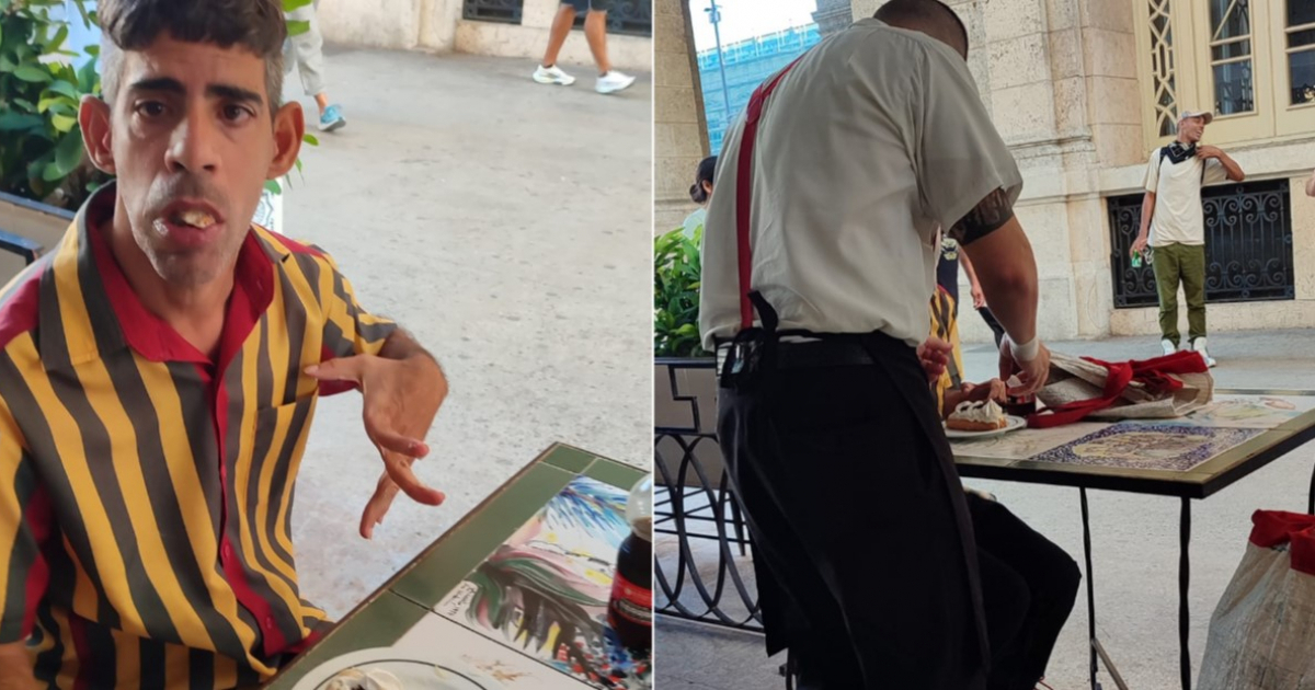Muchacho con discapacidad y camarero dándole comida © Vámonos con Juanka / Facebook