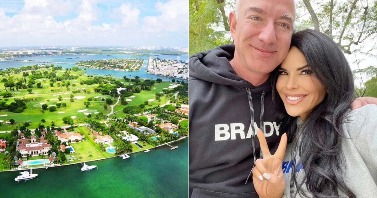 Vista aérea de Indian Creek (i) y Jeff Bezos y Lauren Sánchez (d) © Collage Instagram/Miami Luxury Homes- Instagram/Jeff Bezos