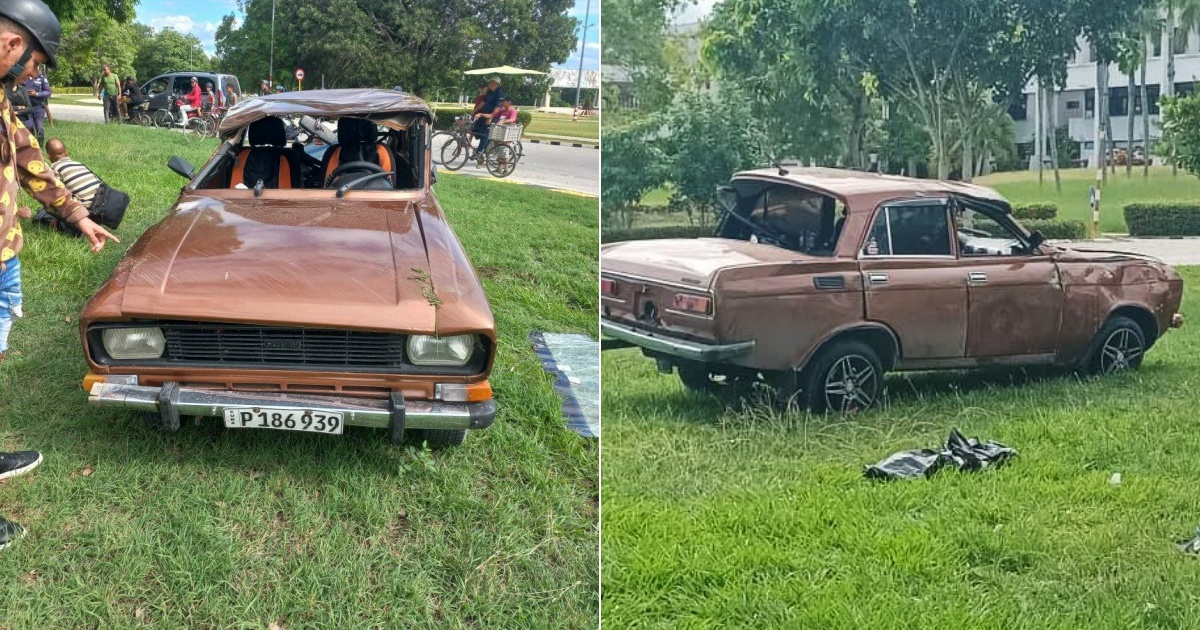 Estadon en que quedó el vehículo, que se quedó varado en una zona de césped © Collage Facebook/Accidentes Buses & Camiones