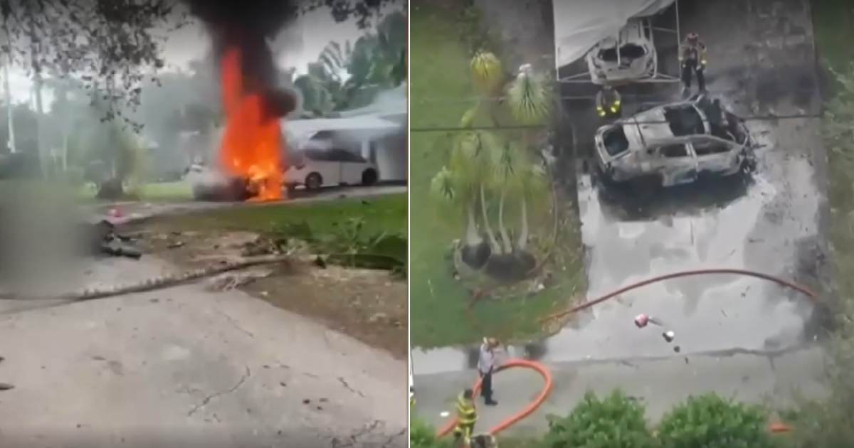 Imágenes del auto incendiado en Biscayne Park, Miami © Captura de Video/Local 10 News