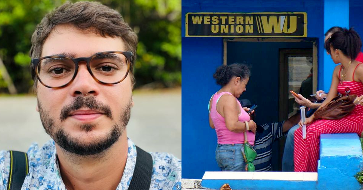 CiberCuba © El economista Alejandro Hayes. Al lado, un Western Union en Cuba.
