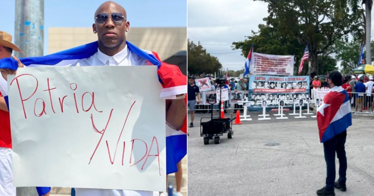 Yordenis Ugás y manifestantes cubanos ante el estadio de los Marlins de Miami © X / @YordenisUgas - @francysromeroFR